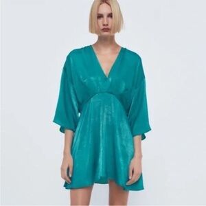 Zara - Satin Teal V Neck Lined Slit Back Flowy Romper Dress Size Small